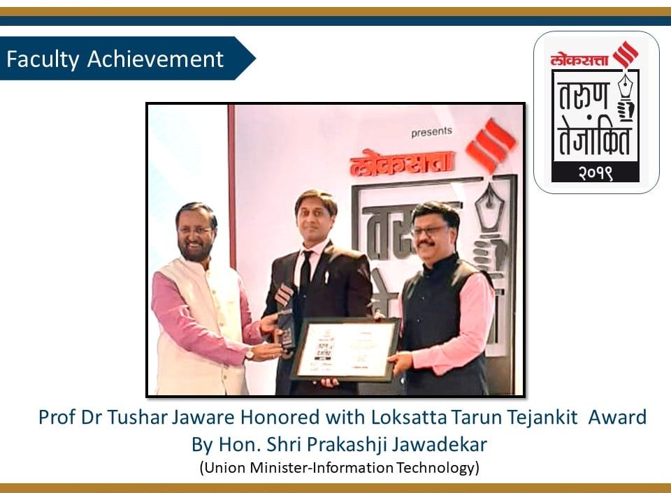 Prof Dr Tushar Jaware Honored with Loksatta Tarun Tejankit Award by Hon Shri Prakahji Jawadekar