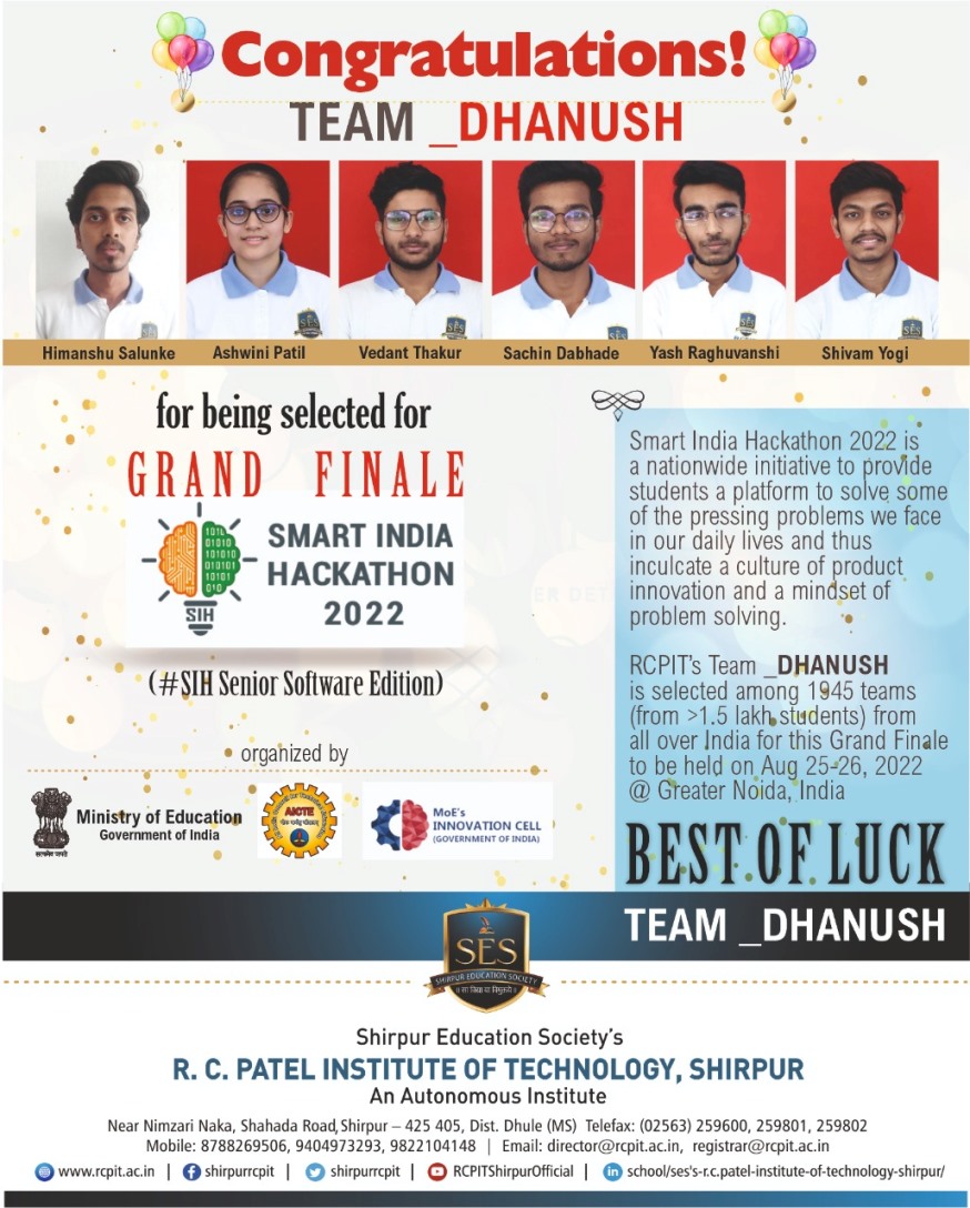Congratulations for being selected for GRAND FINALE Smart India Hackathon 2022