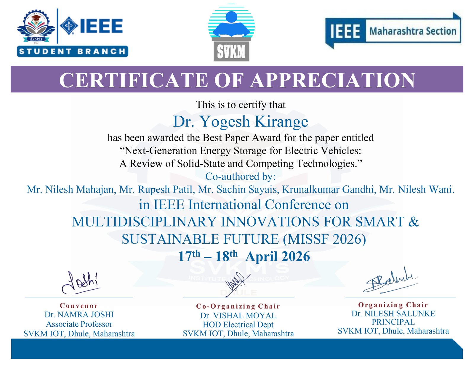 Best Paper Award at IEEE MISSF 2026