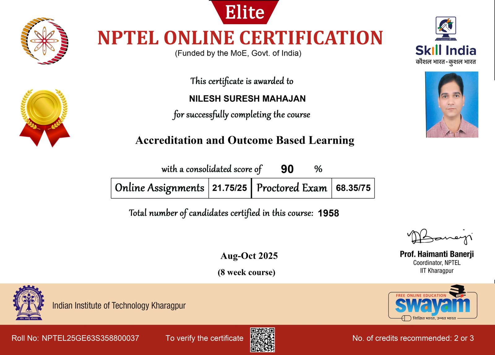 Elite+Gold Certification in NPTEL Course on 