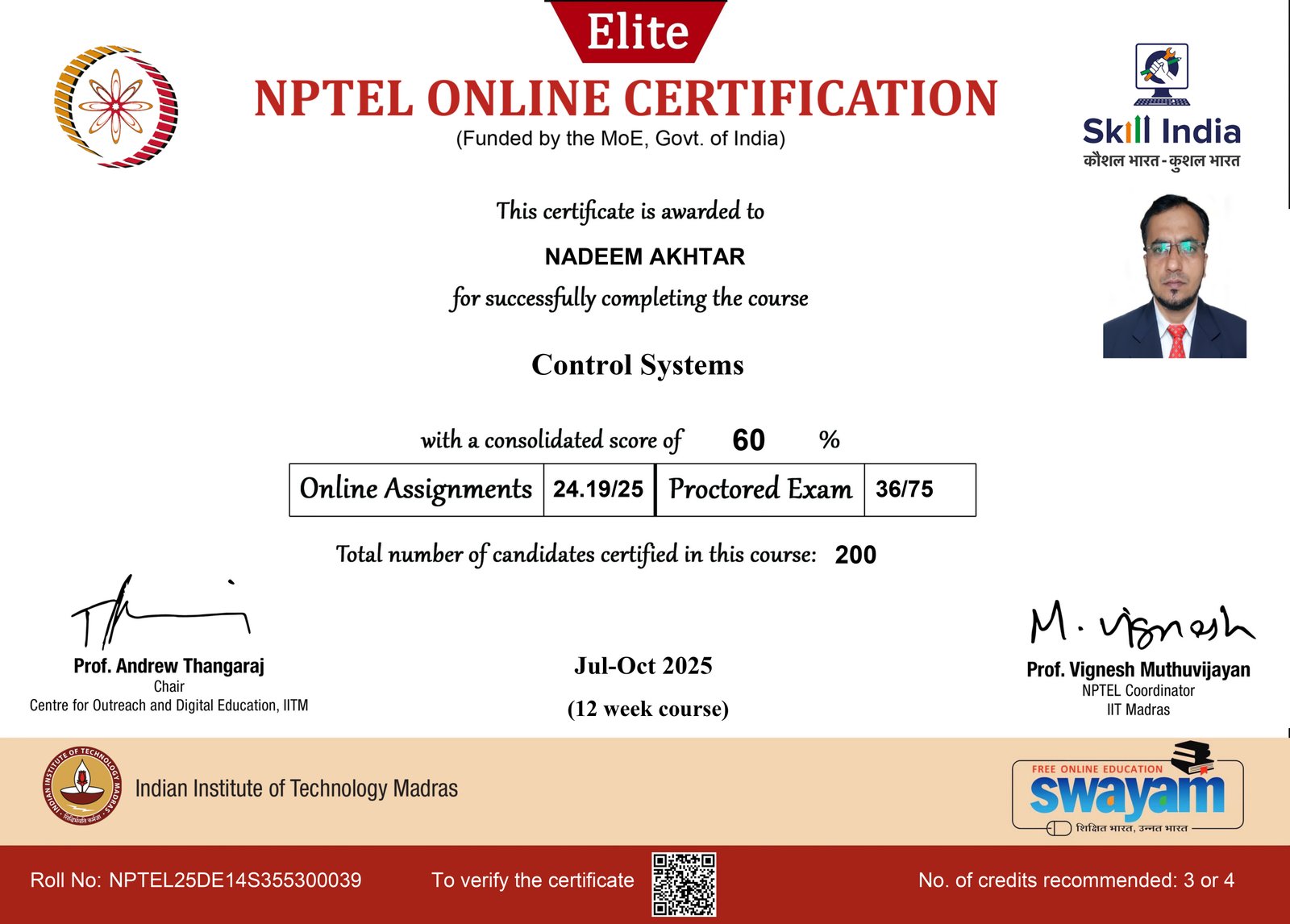 Elite Certification in NPTEL Course on 
