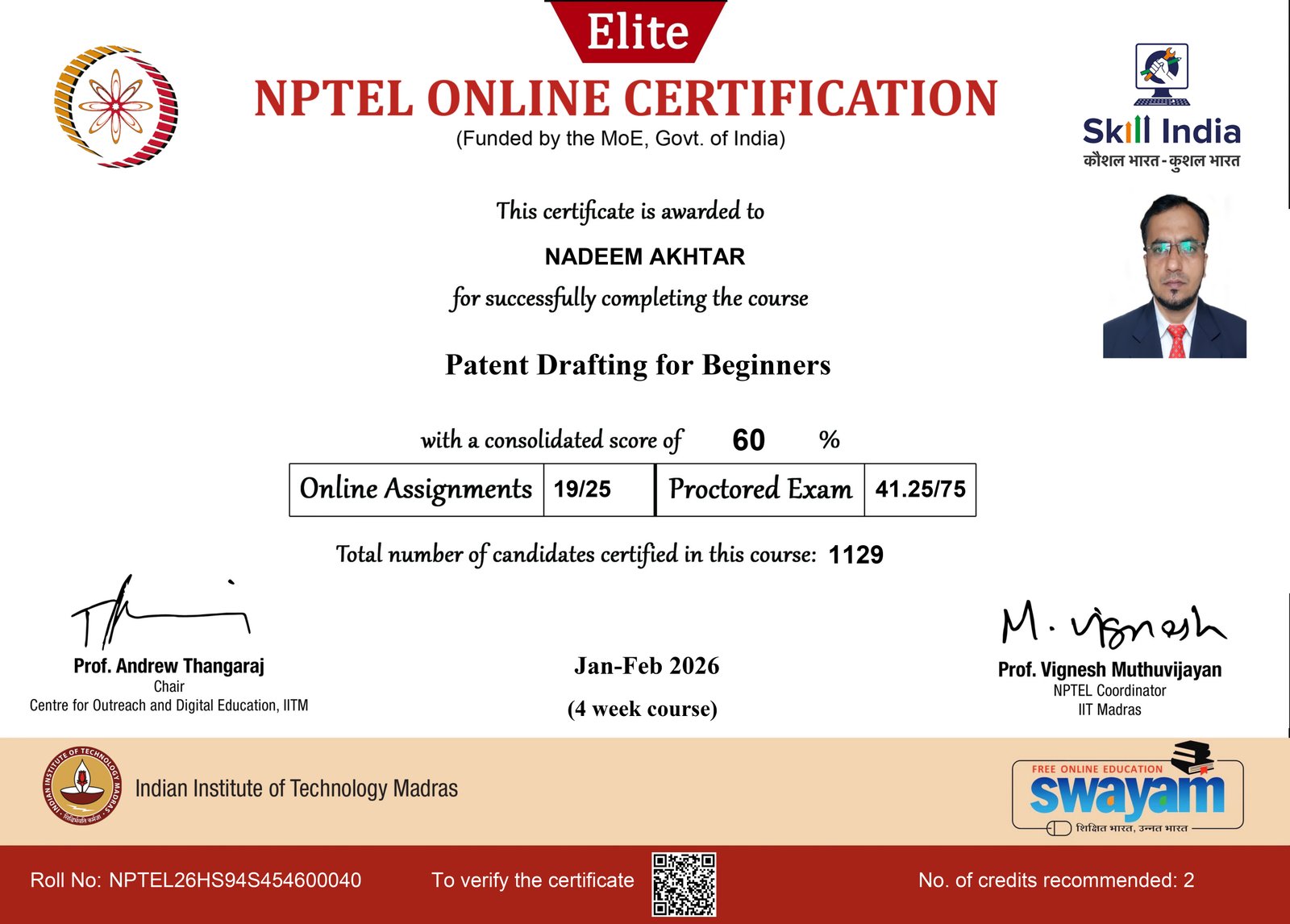 Elite Certification in NPTEL Course on 