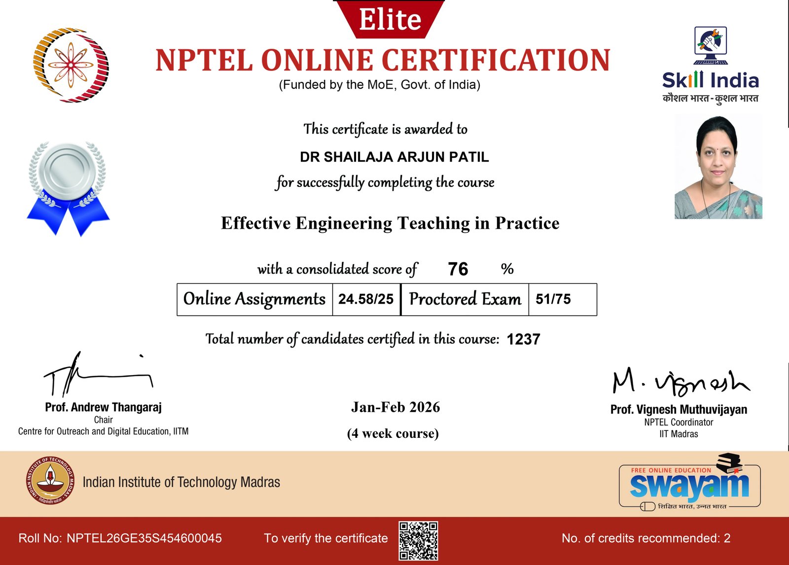 Elite Certification in NPTEL Course on 