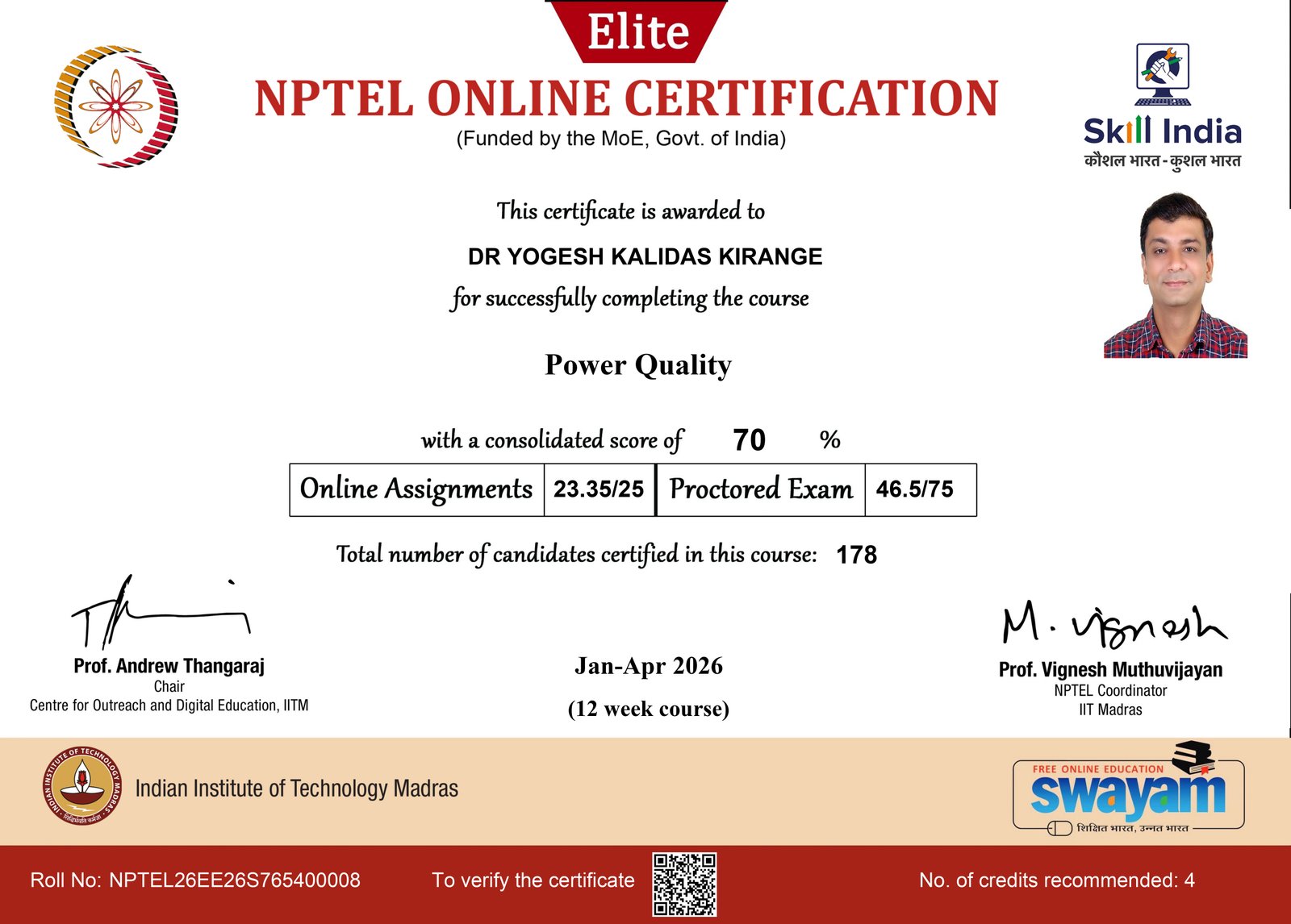 Successfully Completed NPTEL Online Certification Course on Power Quality (Elite)