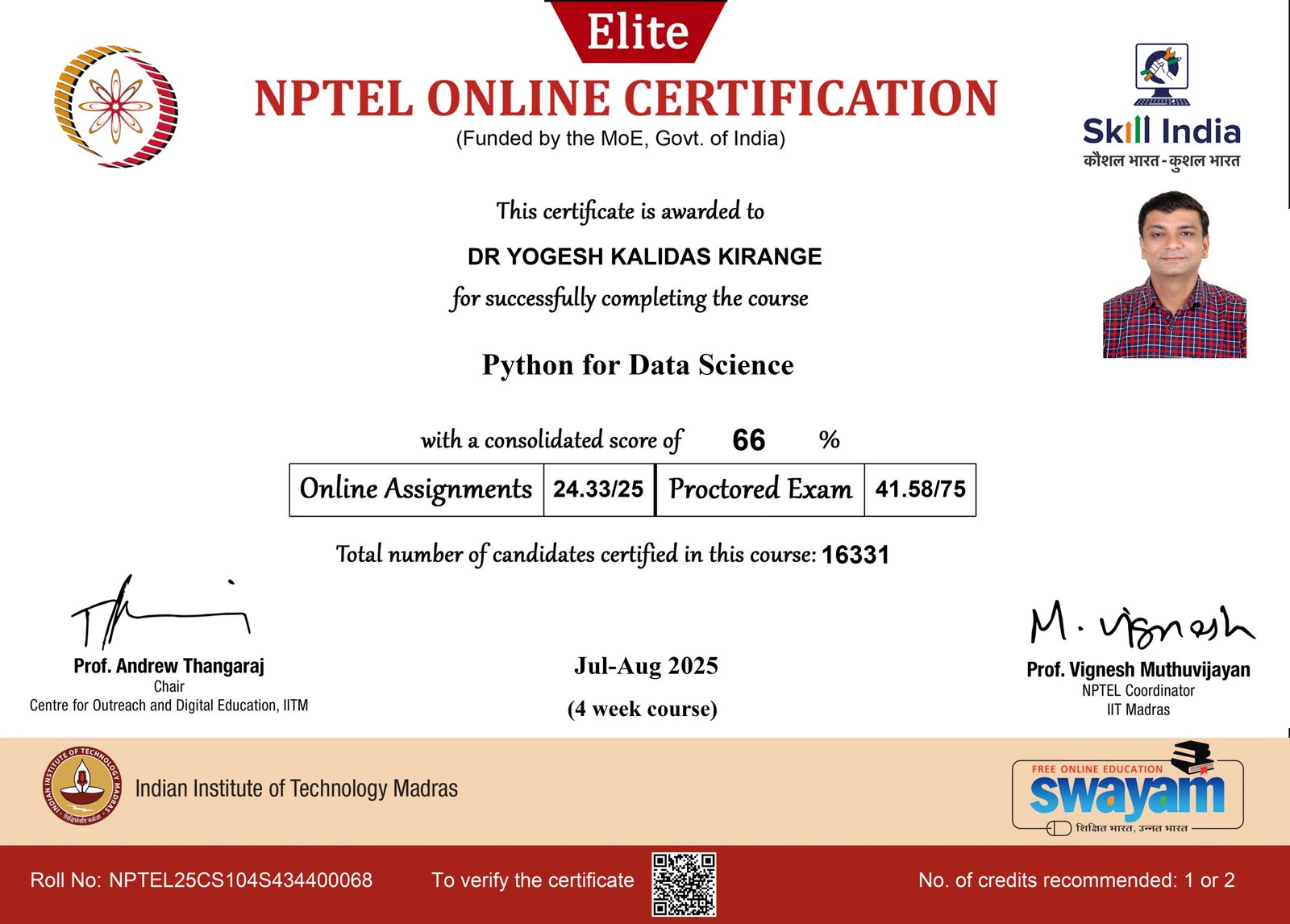 Successfully Completed NPTEL Online Certification Course on Python for Data Science (Elite)