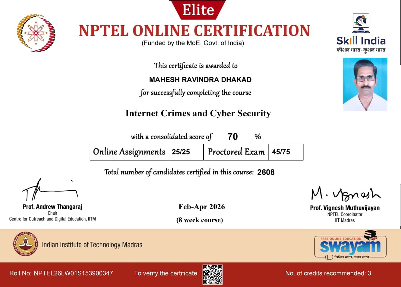 NPTEL Certificate - Internet Crimes and Cyber Security