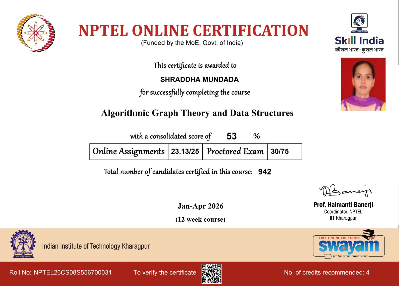 NPTEL Certificate - Algo. Graph Theory and DS