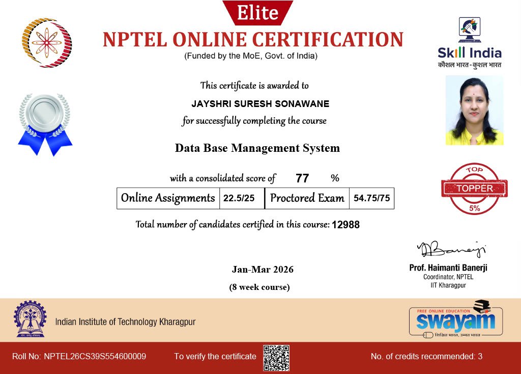 NPTEL Certificate - Database Management System