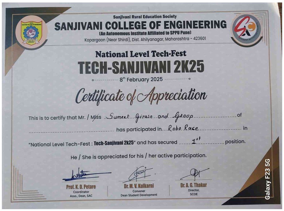 RCPIT Students Secure First Prize at National Level Tech-Sanjivani 2K25 Robo Race