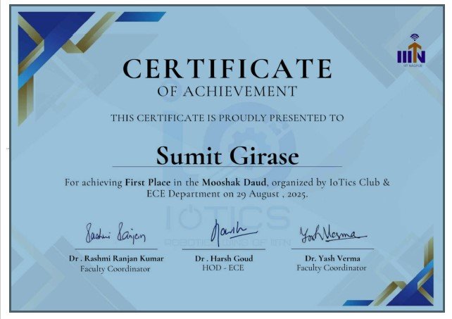 First Place in Mooshak Daud, organized by the IoTics Club & ECE Department, IIT Nagpur 