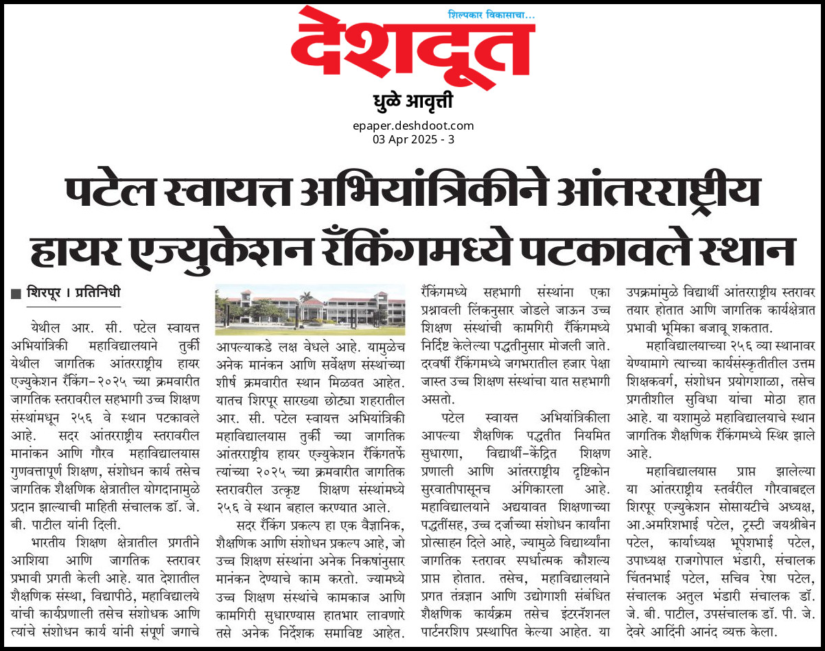 R.C. Patel Institute Secures Global Recognition in Higher Education Rankings