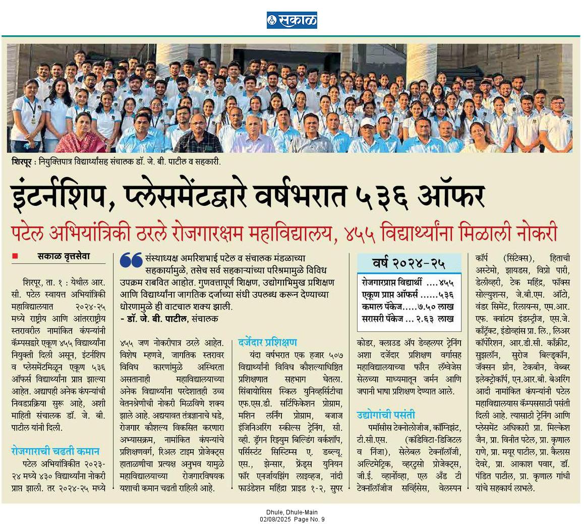 R.C. Patel Institute Secures 536 Placement Offers in 2024–25