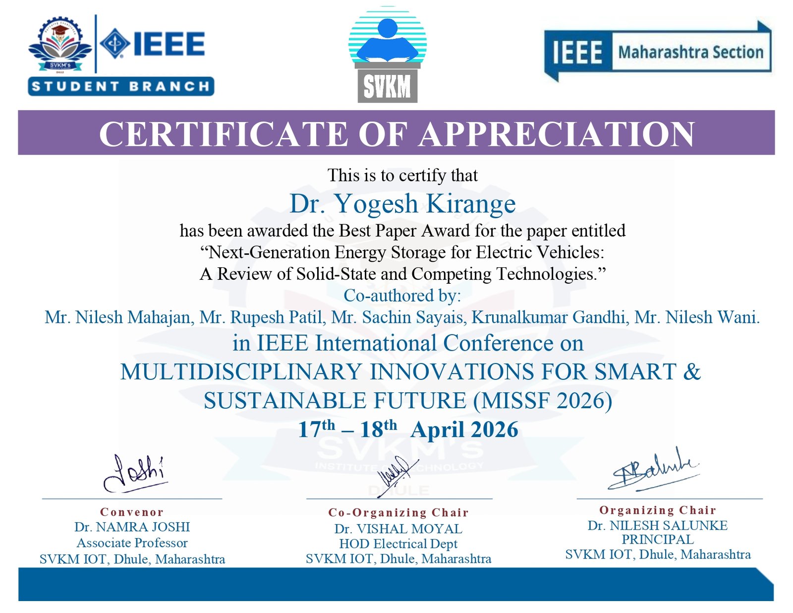 Dr. Yogesh Kirange Receives Best Paper Award at IEEE International Conference MISSF 2026