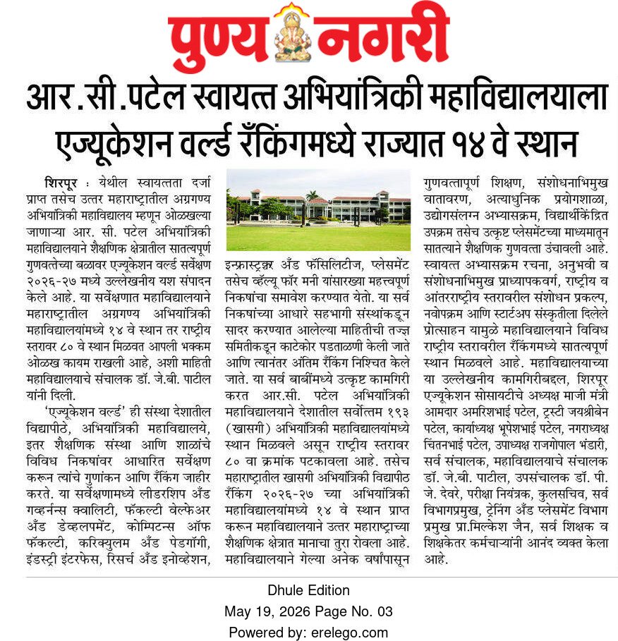 आर.सी.पटेल स्वायत्त अभियांत्रिकी महाविद्यालयाला एज्यूकेशन वर्ल्ड रँकिंगमध्ये राज्यात १४ वे स्थान