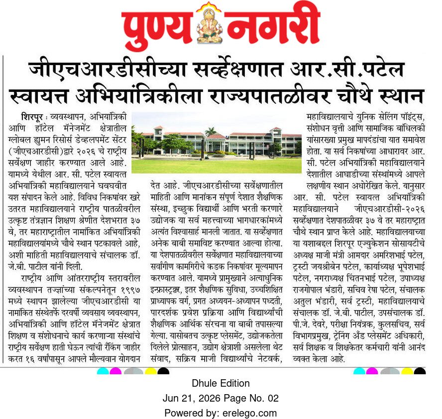 जीएचआरडीसीच्या सर्व्हेक्षणात आर. सी. पटेल स्वायत्त अभियांत्रिकीला राज्यपातळीवर चौथे स्थान